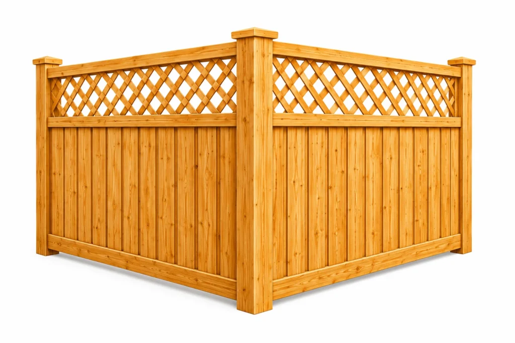 3D rendering of a wood privacy fence with a lattice top accent