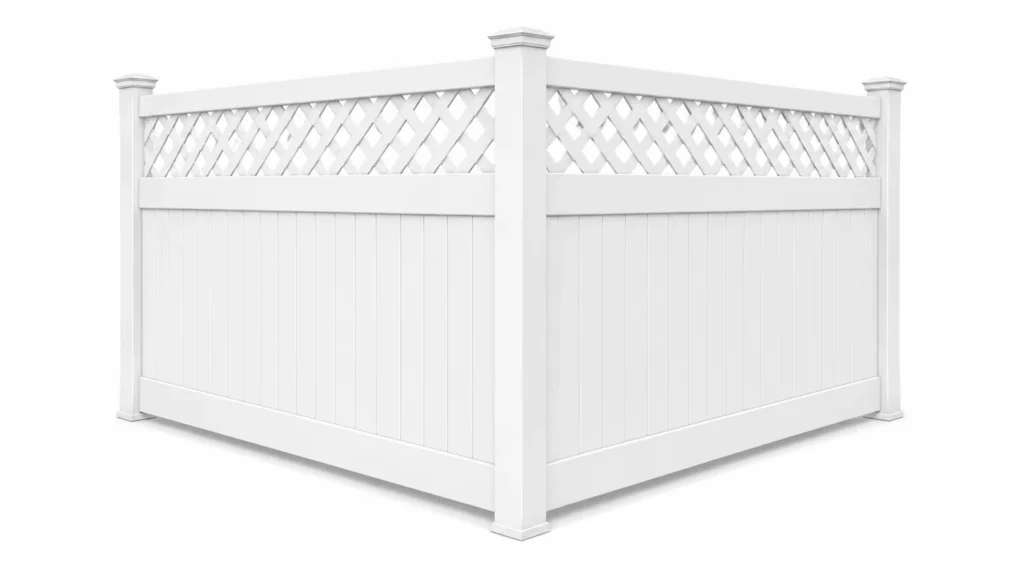 3D rendering of a white vinyl privacy fence with a lattice top accent