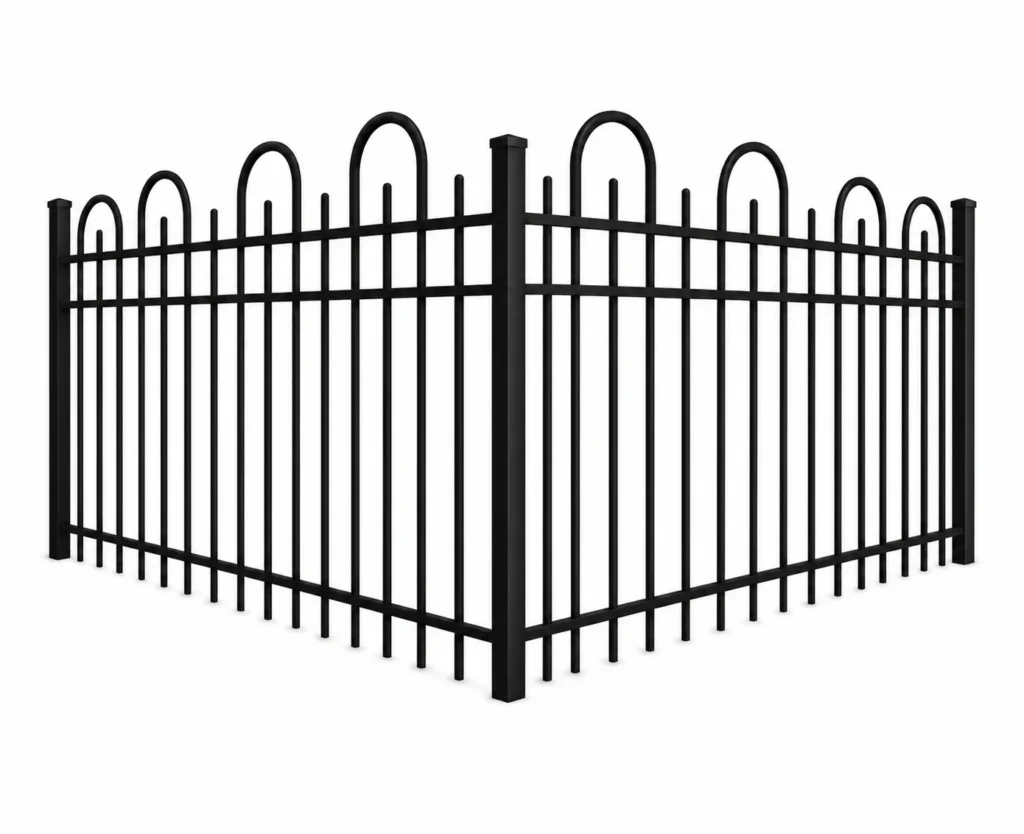 3D rendering of a black aluminum fence with looped picket tops