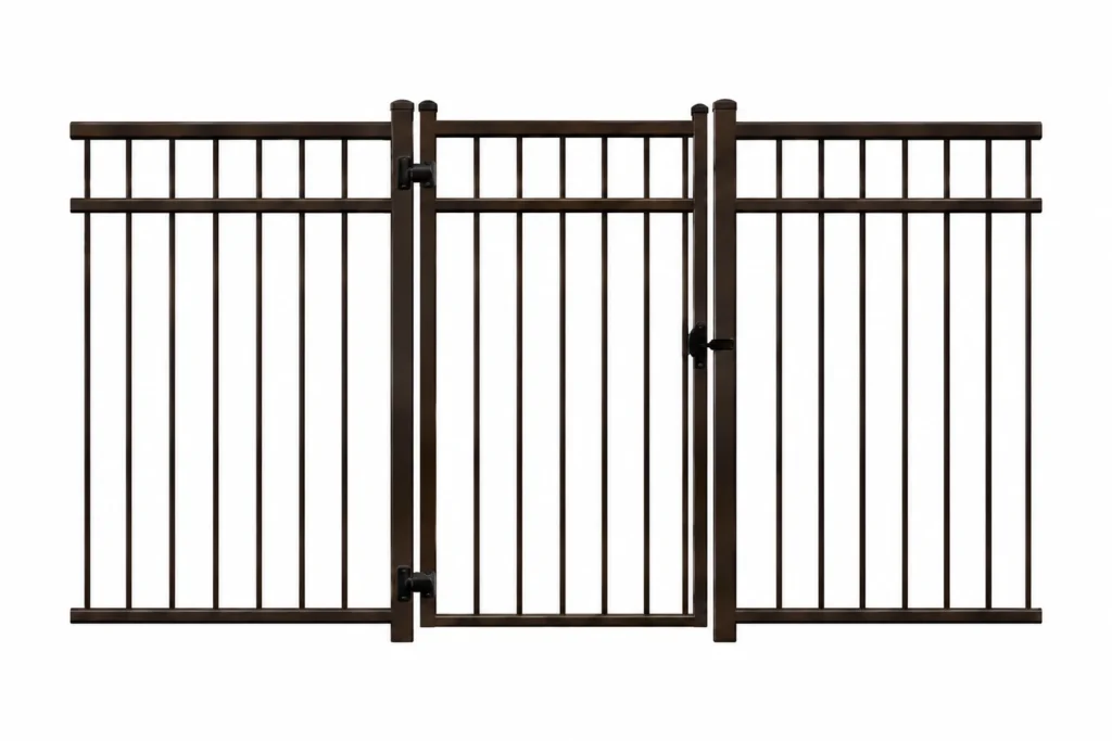 3D rendering of a bronze aluminum fence with a single walk gate