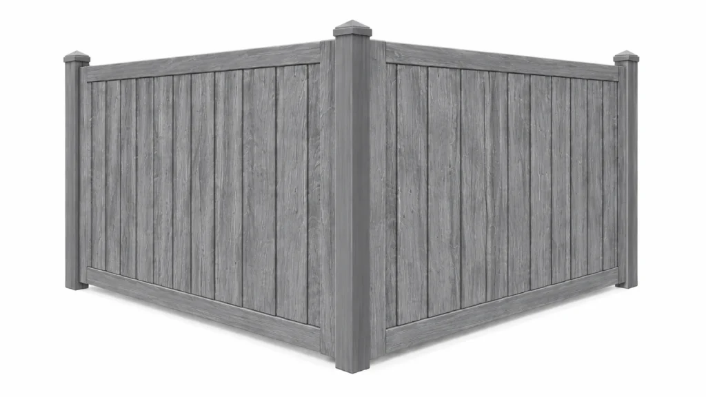 3D rendering of a light gray composite privacy fence with vertical boards