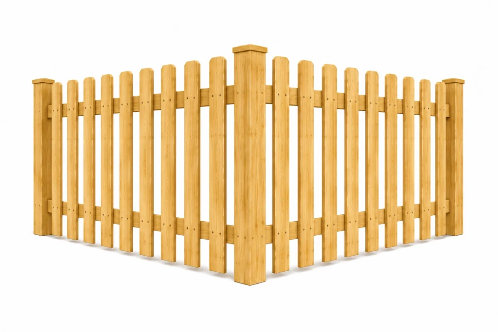 3D rendering of a wood picket fence with pointed top pickets