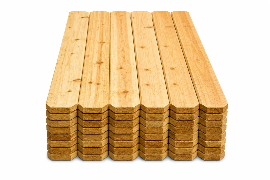 Stack of pine wood fence boards showing natural wood grain