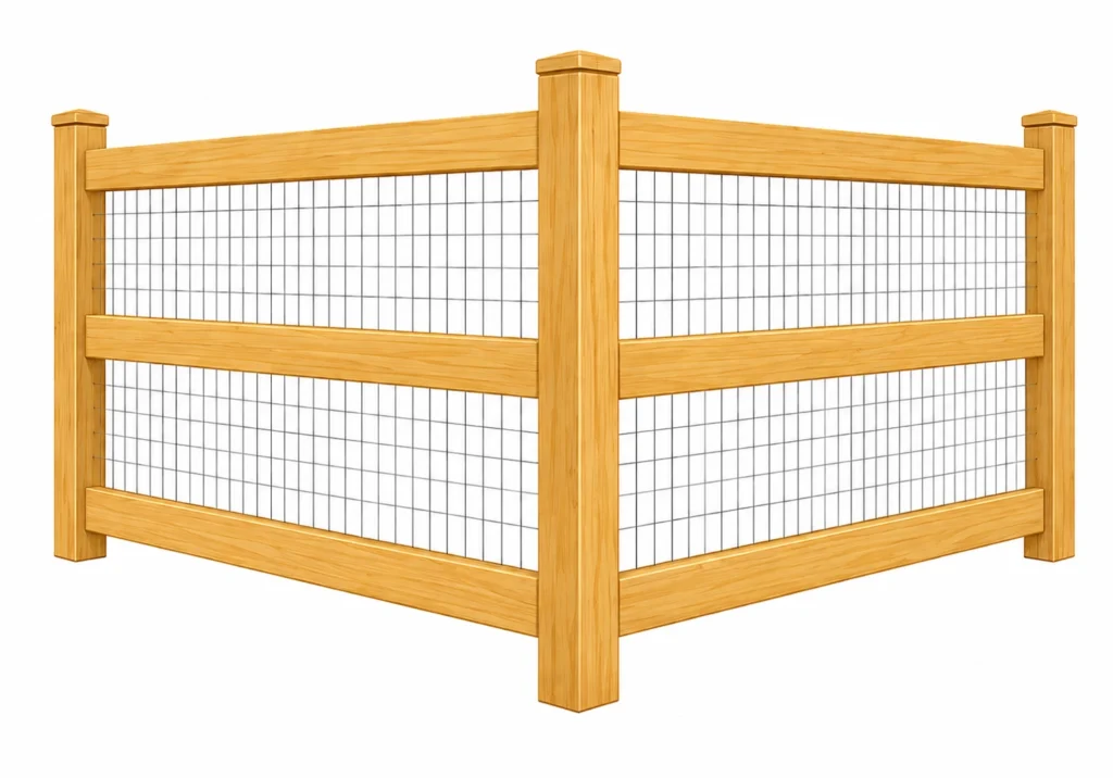 3D rendering of a wood post and rail fence with wire mesh infill panels