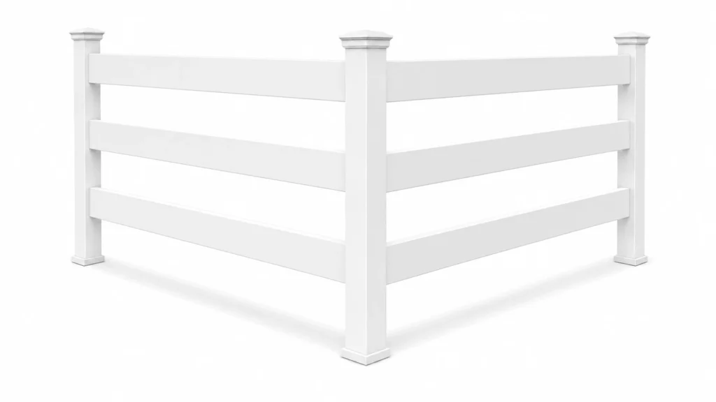 3D rendering of a white vinyl post and rail fence with three rails