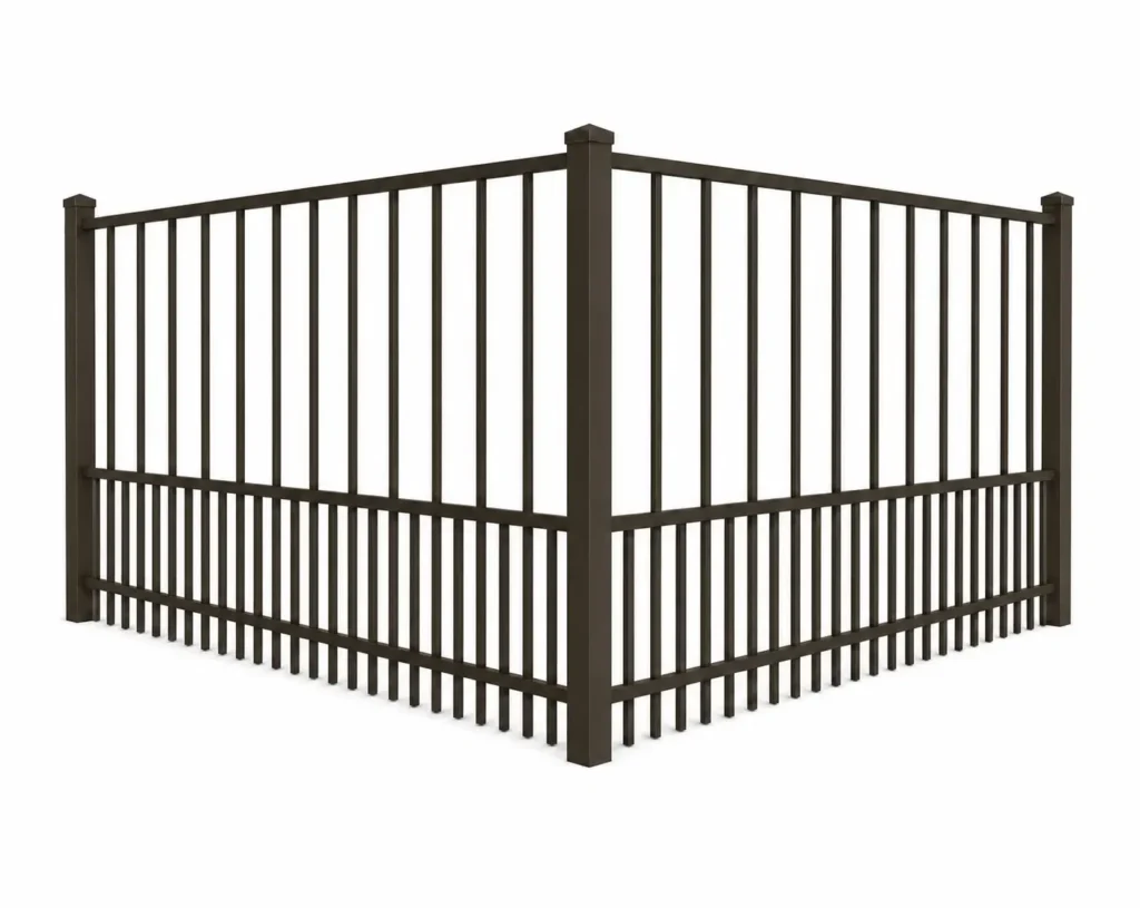 3D rendering of a bronze aluminum fence with dense bottom pickets for added pet security