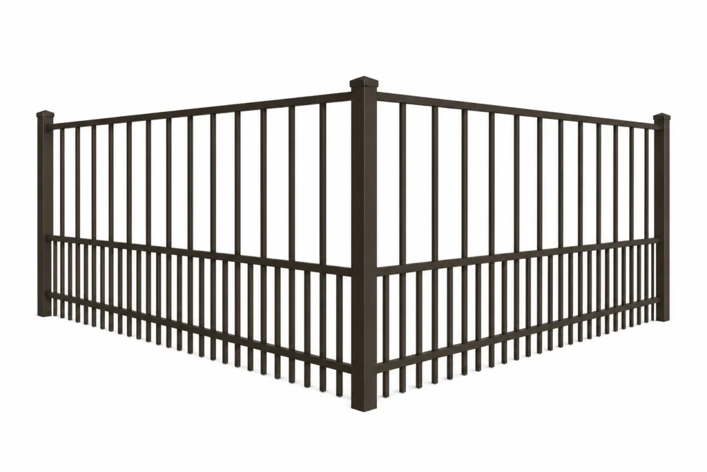 3D rendering of a bronze aluminum fence with closely spaced pickets near the bottom to keep pets contained