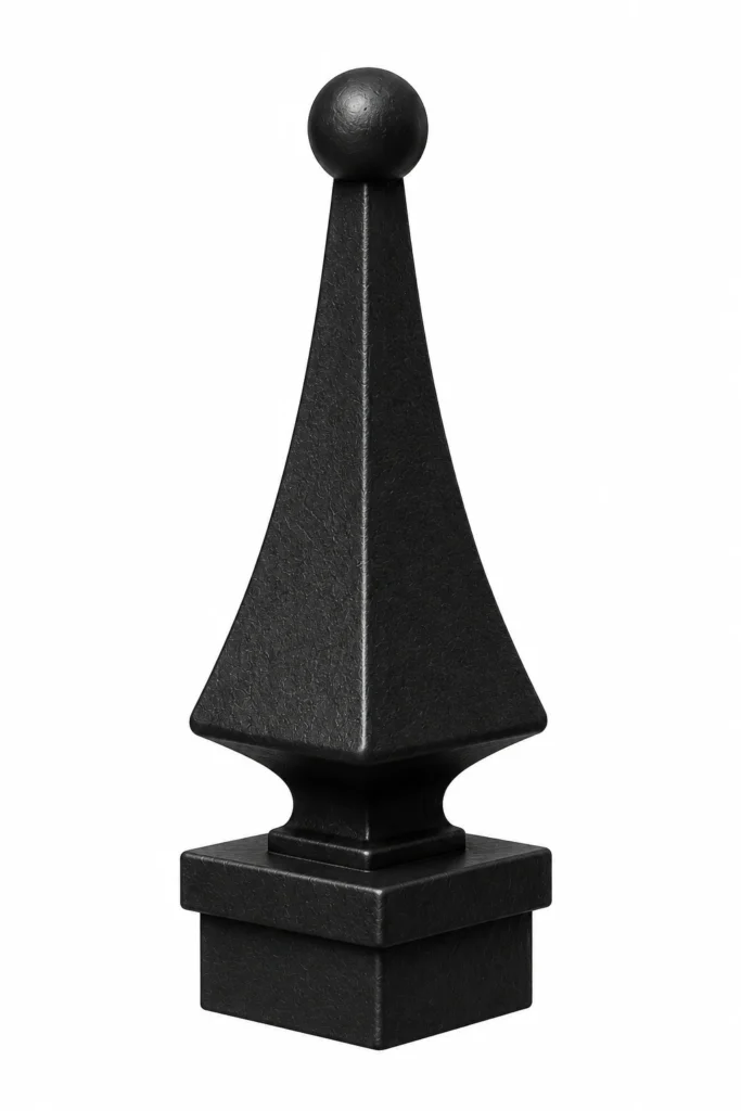 3D rendering of a black aluminum fence post finial in a pyramid spear design
