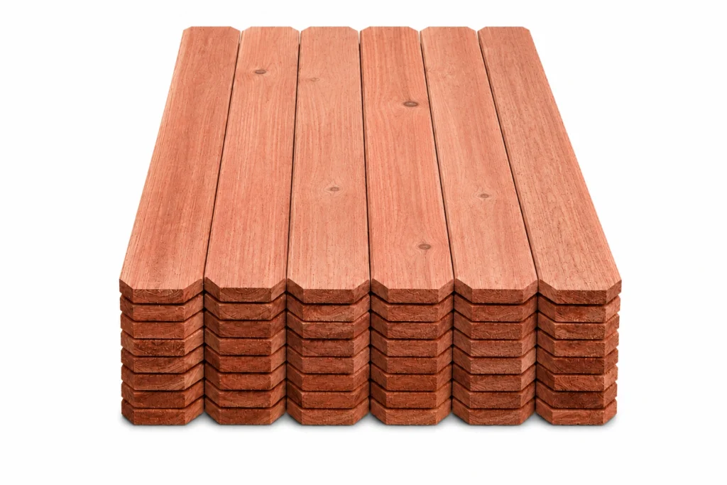Stack of red cedar wood fence boards showing natural wood grain