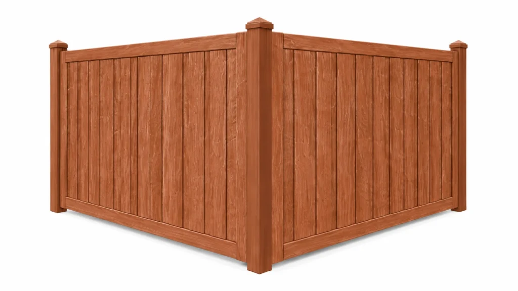 3D rendering of a red cedar colored composite privacy fence with vertical boards