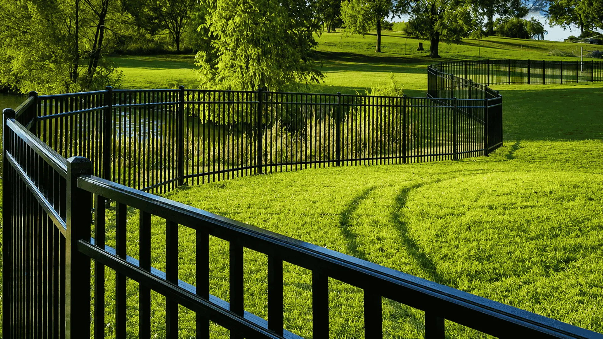 Black aluminum fence bordering a grassy yard with a pond in the background