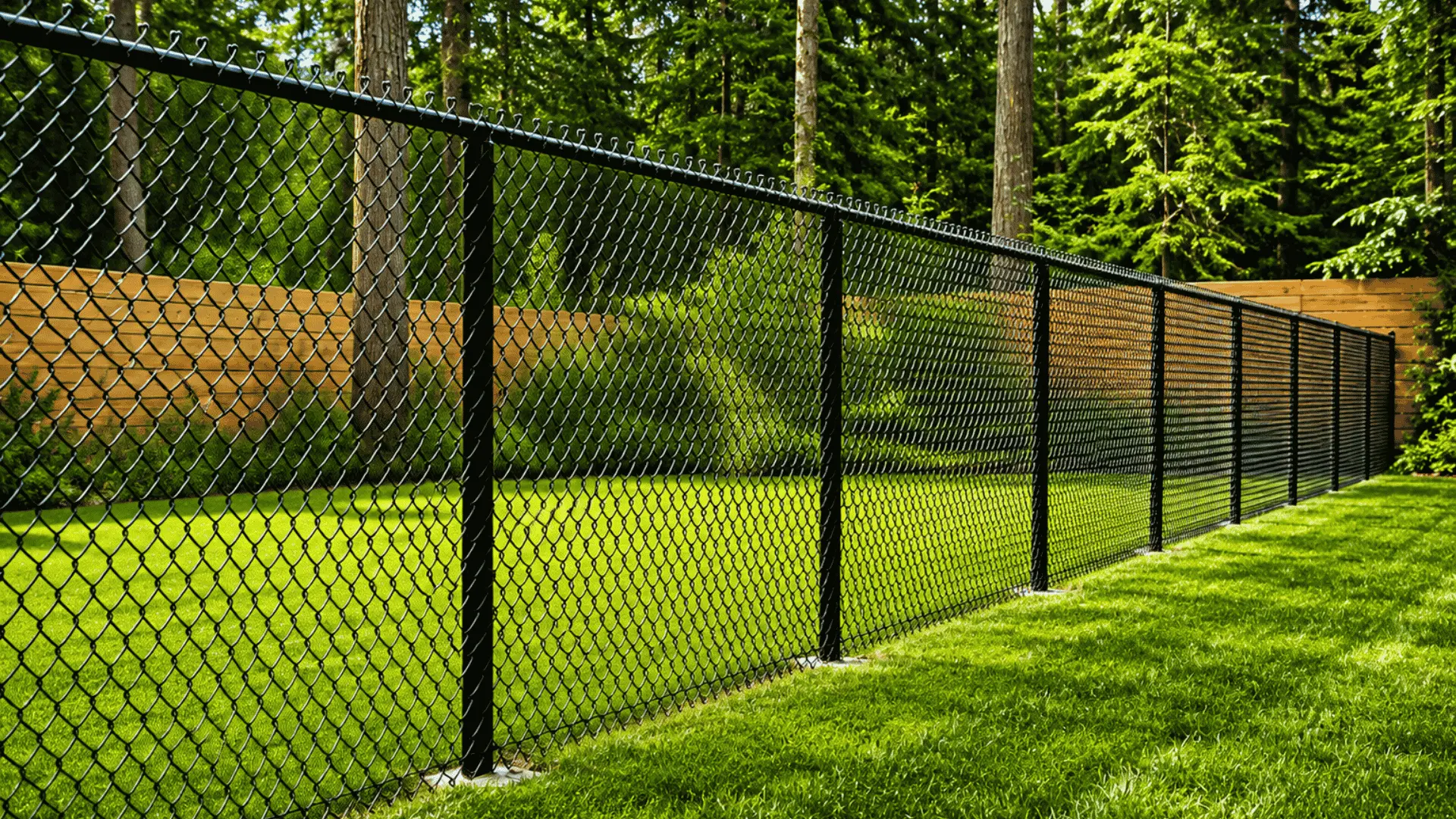 Black chain link fence paired with a wood privacy fence in a wooded backyard