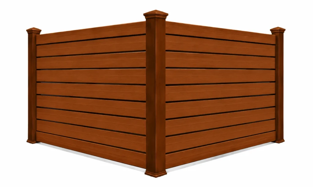 3D rendering of a medium brown composite privacy fence with horizontal boards