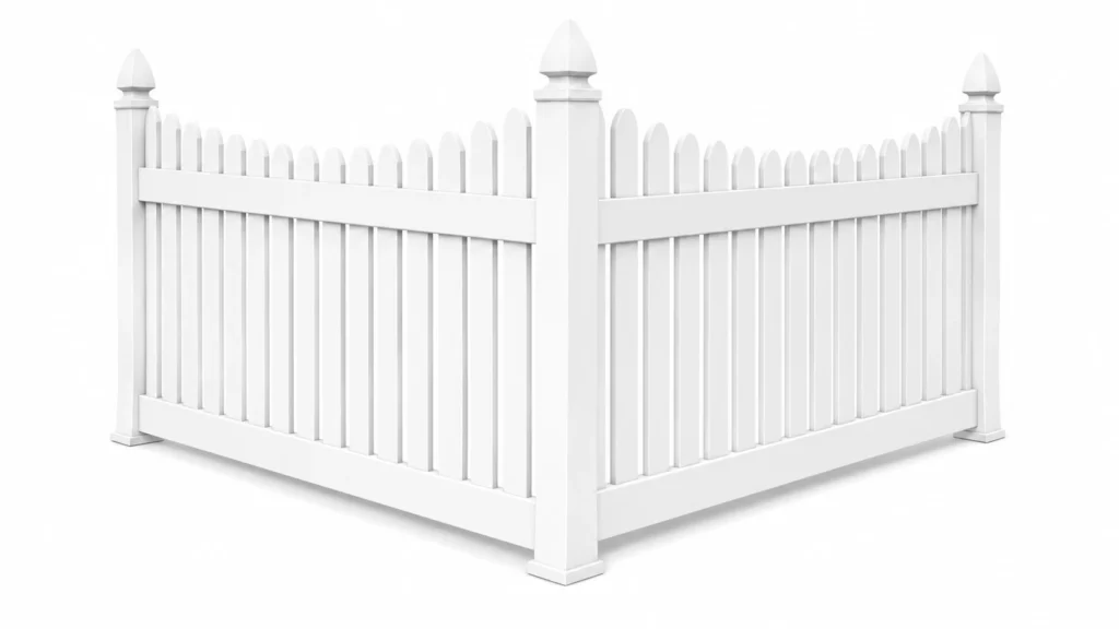 3D rendering of a white vinyl fence with scalloped picket tops