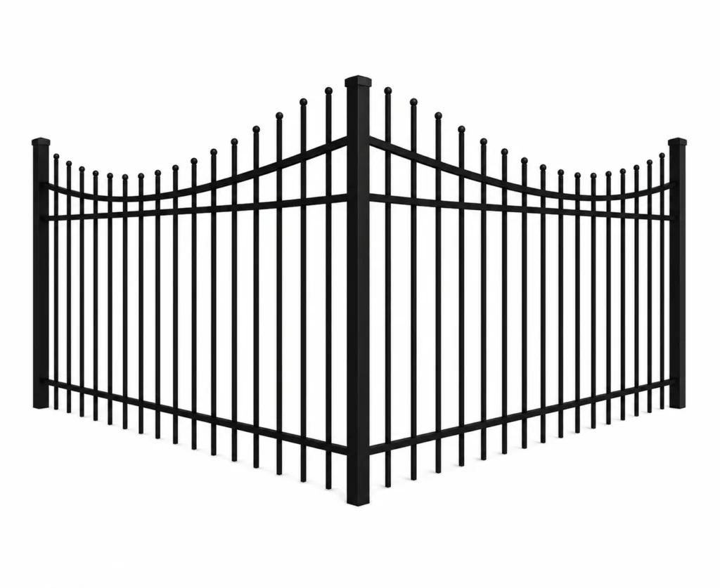 3D rendering of a black aluminum fence with a scalloped top rail