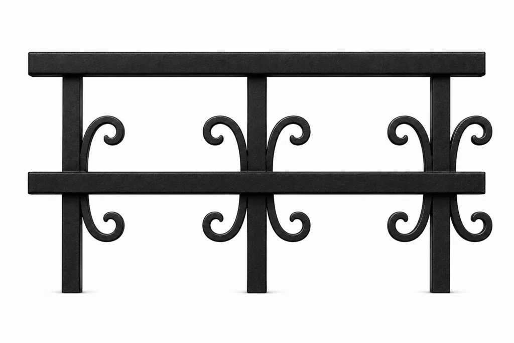 3D rendering of a black aluminum fence panel with decorative scroll ironwork accents
