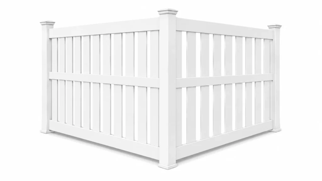 3D rendering of a white vinyl semi-privacy fence with vertical slats