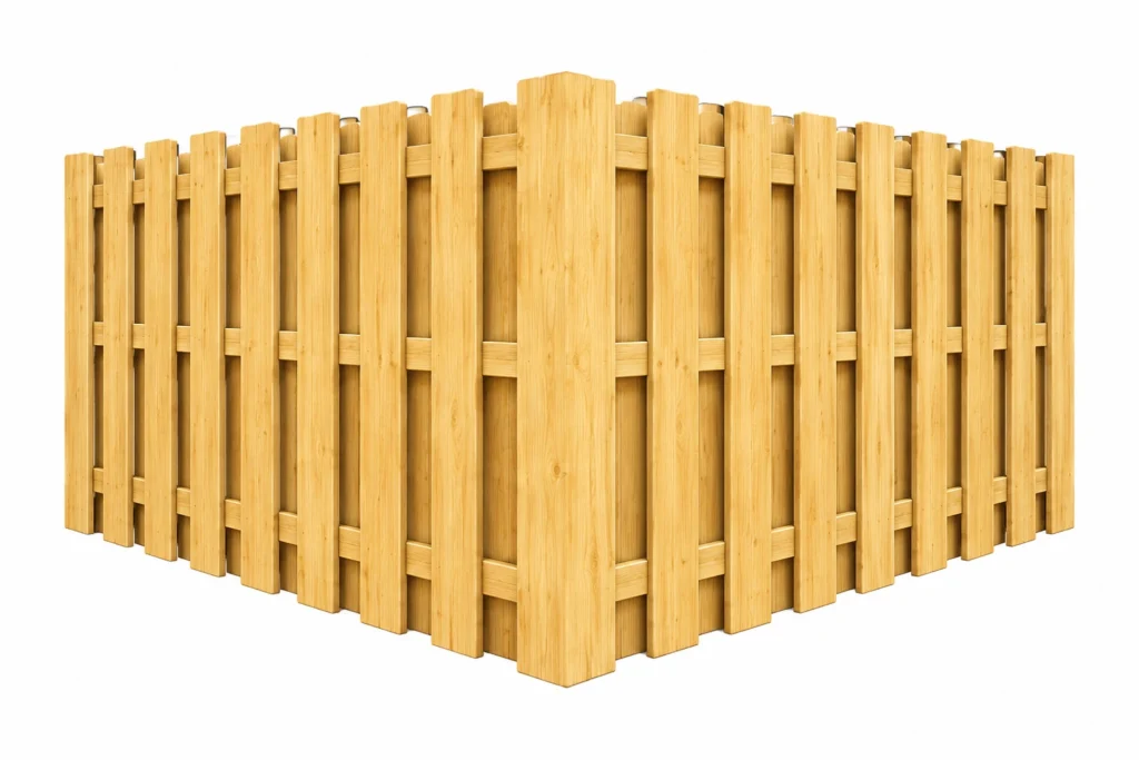 3D rendering of a wood shadowbox style fence with alternating board pattern