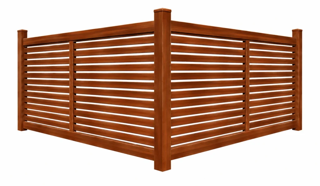 3D rendering of an orange-brown composite semi-privacy fence with horizontal slats
