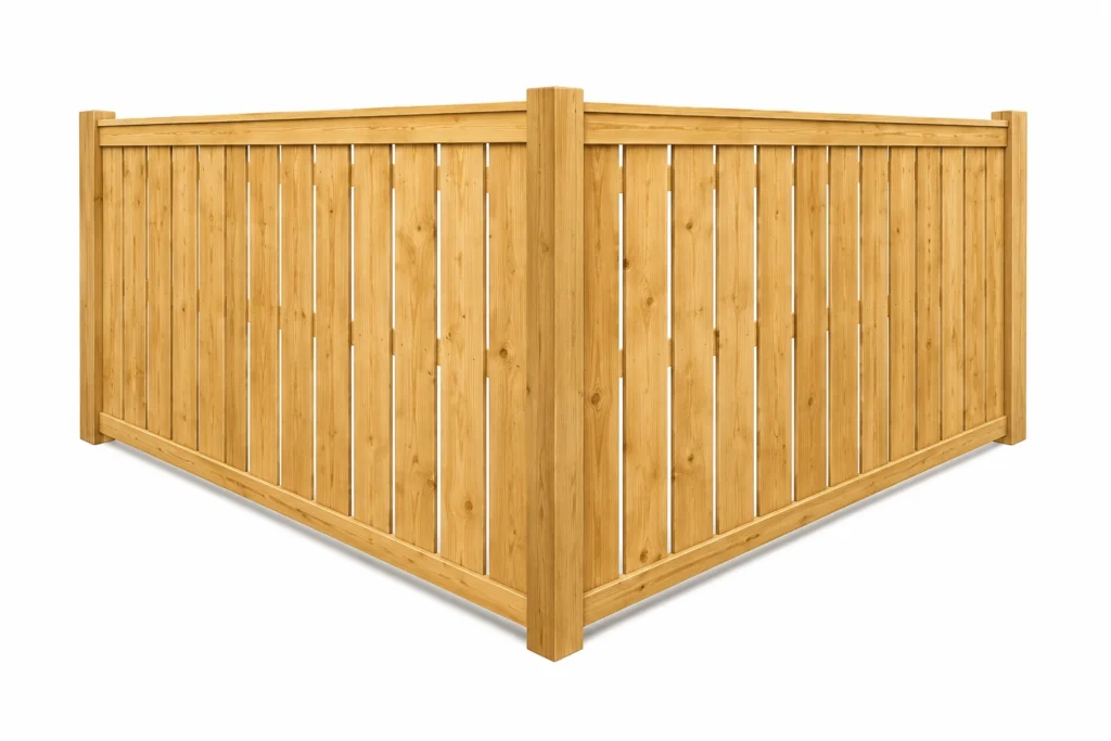 3D rendering of a wood fence featuring a spaced picket design