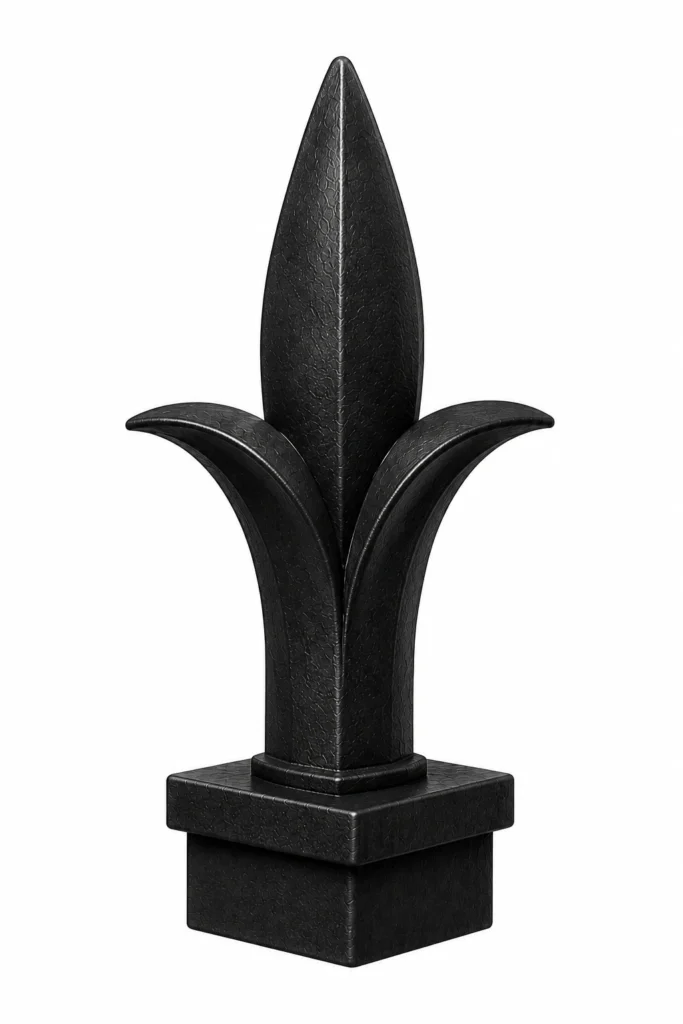 3D rendering of a black aluminum fence post finial in a spear leaf design