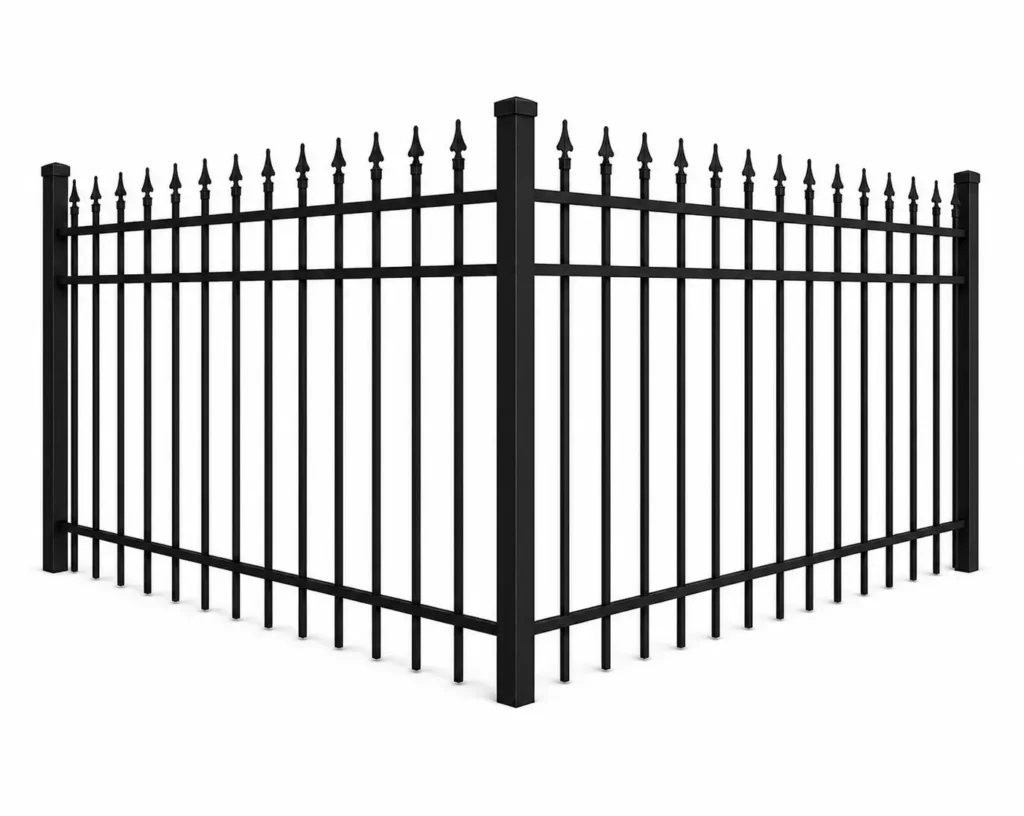 3D rendering of a black aluminum fence with a spear top picket design