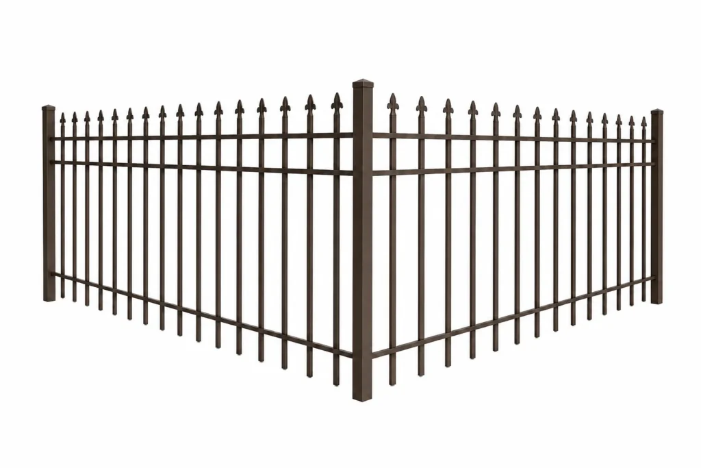 3D rendering of a bronze aluminum commercial fence with a spear top design