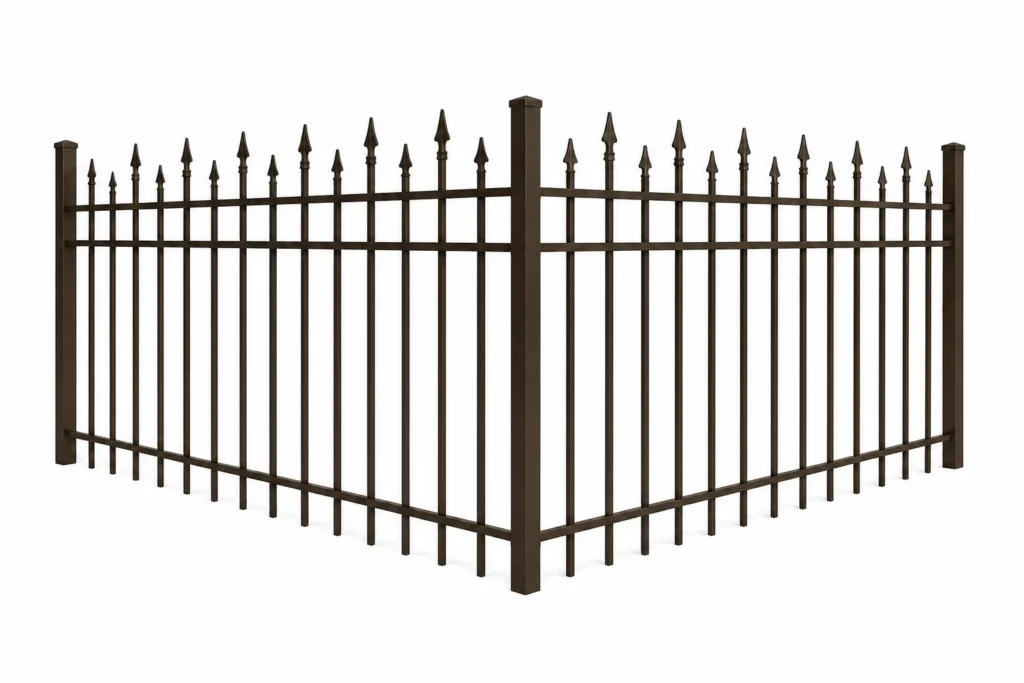 3D rendering of a bronze aluminum fence with staggered spear top pickets