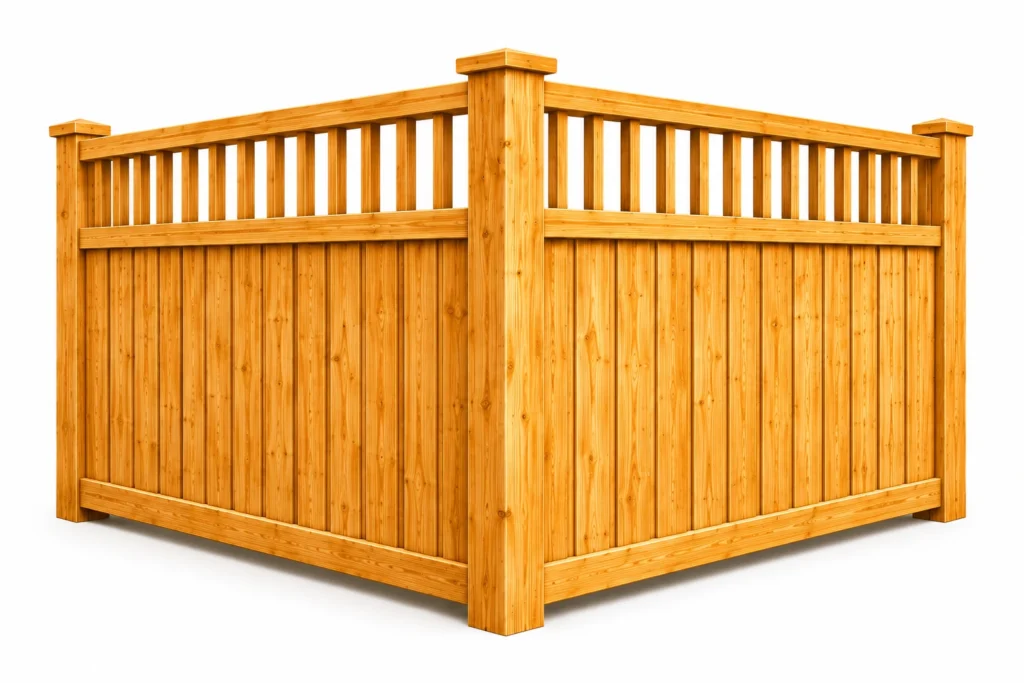 3D rendering of a wood privacy fence with a spindle top lattice accent