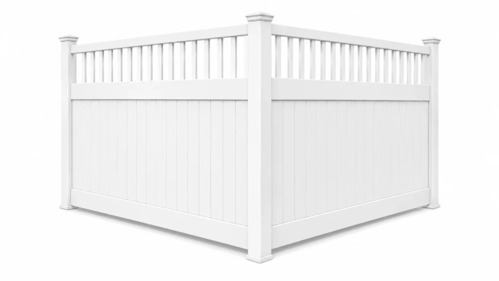 3D rendering of a white vinyl fence with a spindle top accent