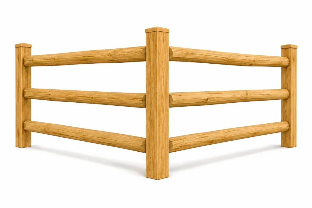 3D rendering of a wood split rail fence with three horizontal rails