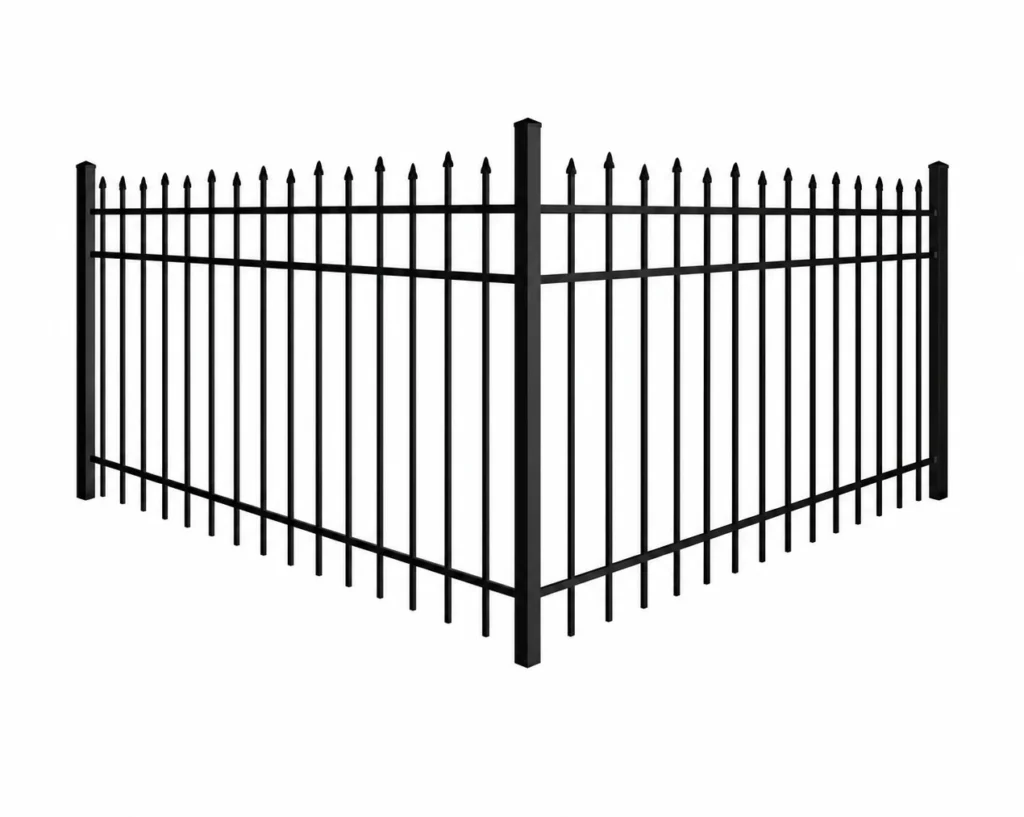 3D rendering of a black aluminum fence with staggered spear-top picket heights