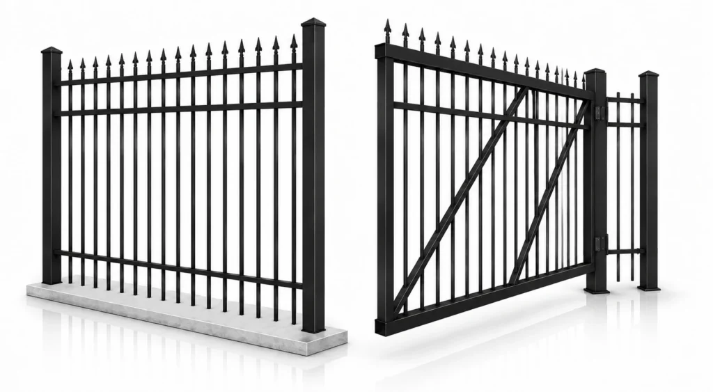 3D rendering of a black aluminum fence with a swing gate