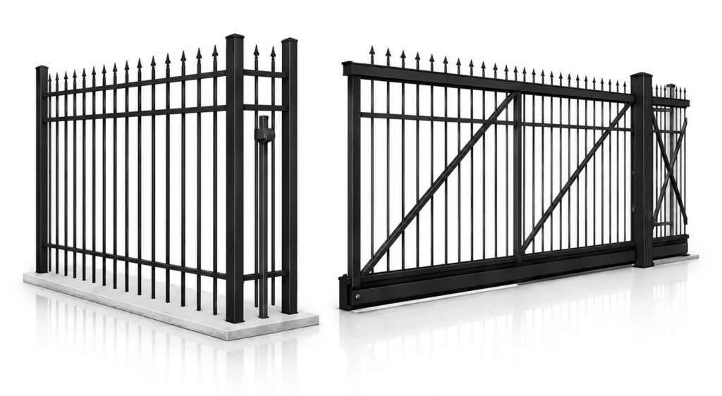 3D rendering of a black aluminum fence with a V-track sliding gate