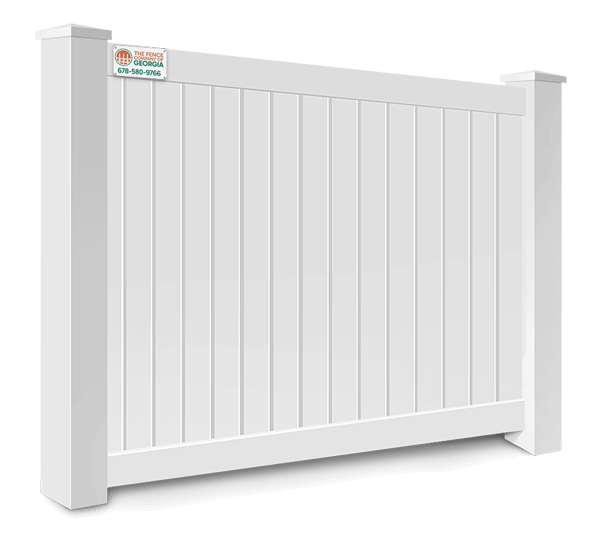 White vinyl privacy fence section with company signage
