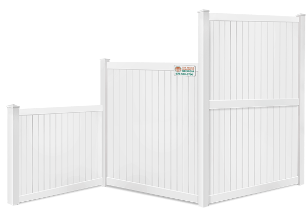 White vinyl fence panels displayed with company sign