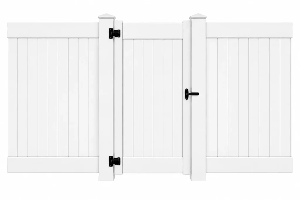 3D rendering of a white vinyl privacy fence with a single walk gate