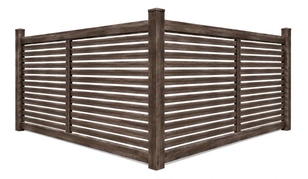 3D rendering of a weathered brown composite semi-privacy fence with horizontal slats