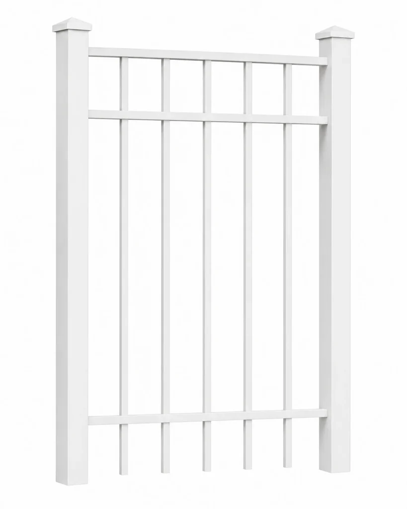 3D rendering of a white aluminum fence panel section