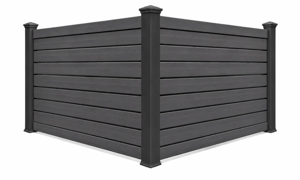 3D rendering of a dark gray composite privacy fence with horizontal boards