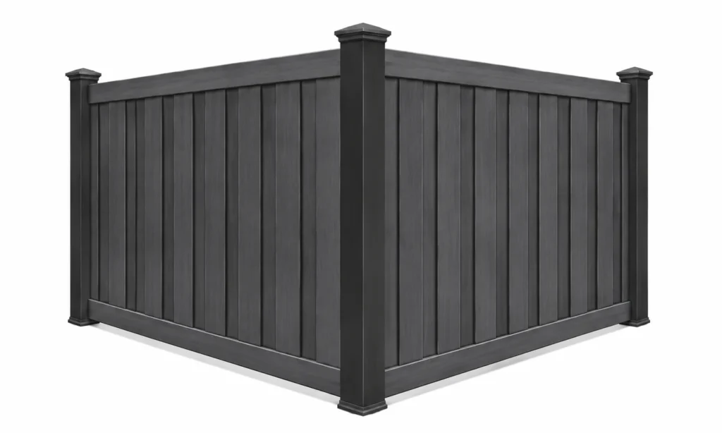 3D rendering of a dark gray composite privacy fence with vertical boards