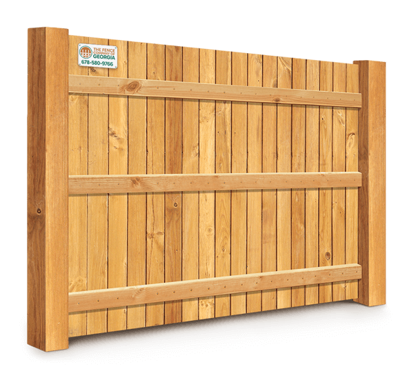 Wood privacy fence panel sample with The Fence Company of Georgia signage