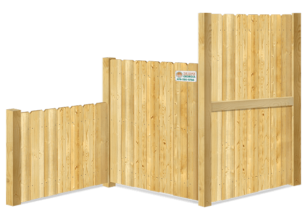 Product image of wood privacy fence panels with a company sign