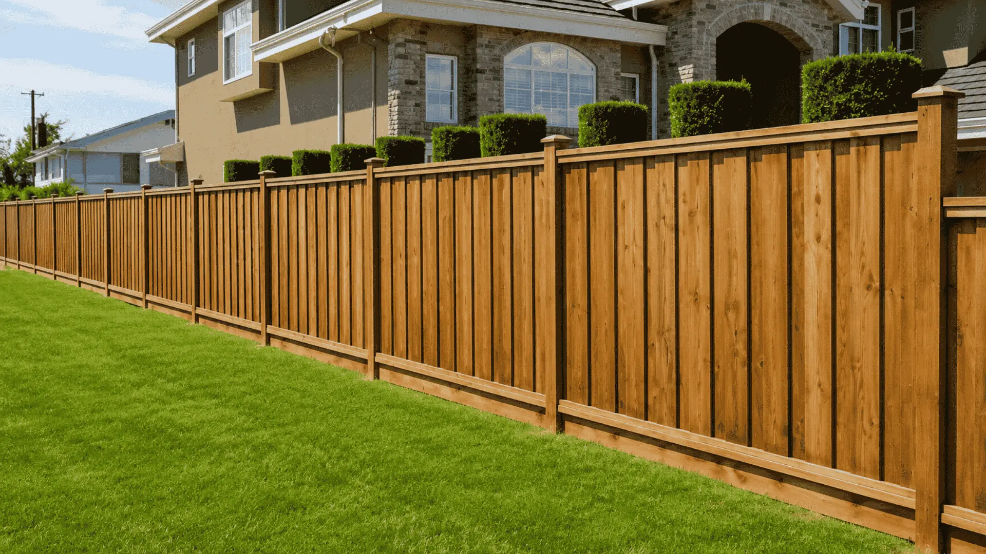 Wood privacy fence installed along the front yard of a home