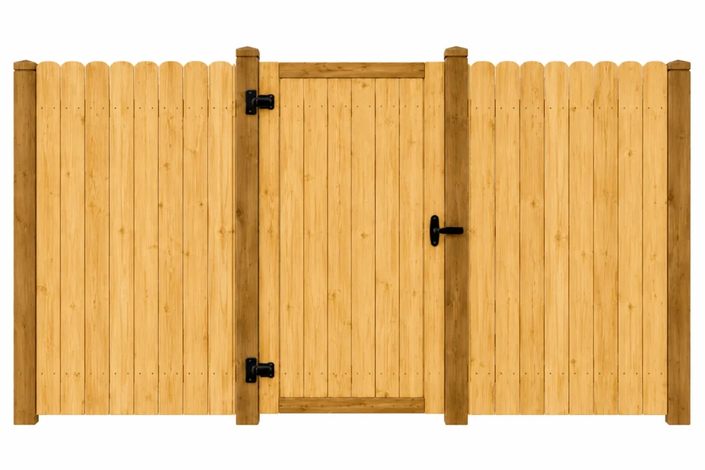 3D rendering of a wood picket fence with a single walk gate
