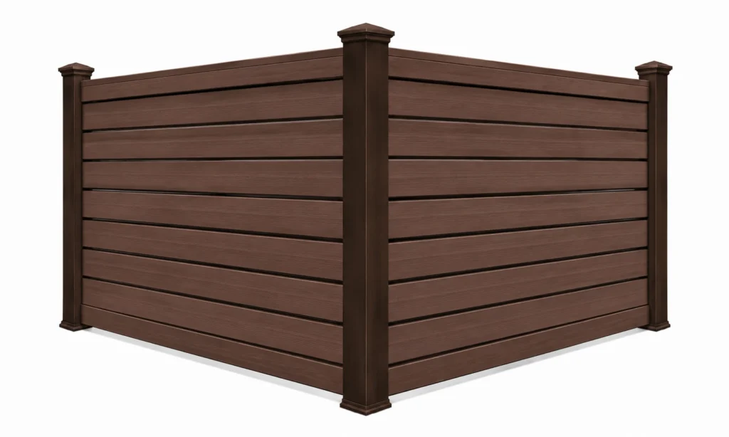 3D rendering of a dark brown composite privacy fence with horizontal boards