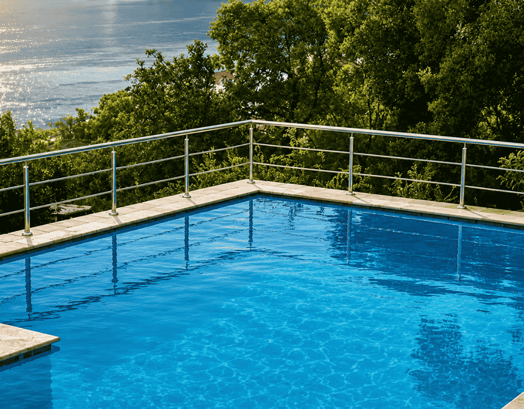 Metal and glass railing along an elevated pool deck overlooking trees and water