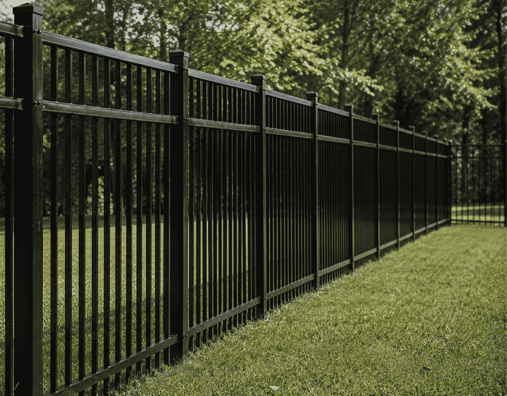 Black aluminum residential fence installed along the edge of a wooded backyard