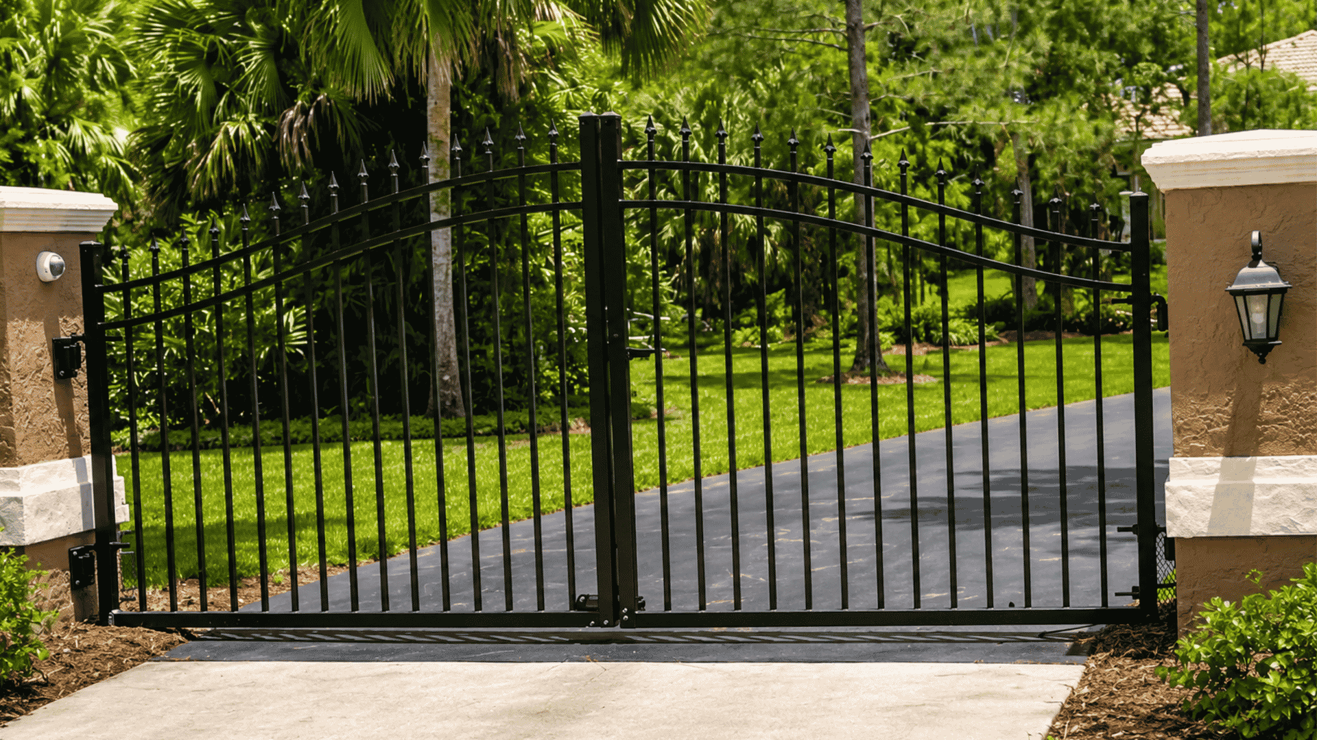 Black ornamental aluminum driveway gate between stone entry columns